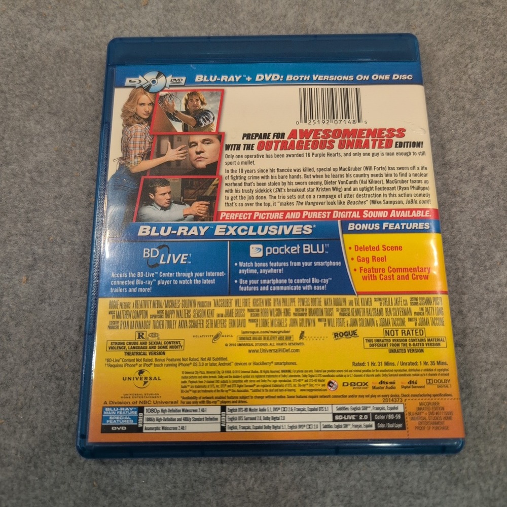 MacGruber Blu-ray DVD Unrated Edition Will Forte Kristen Wiig Action Comedy - Picture 2 of 2